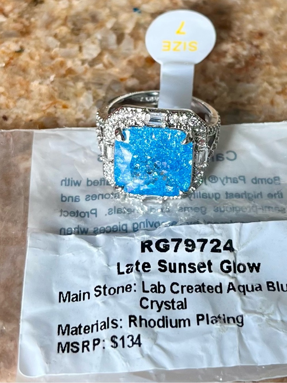 BP RG79724 Late Sunset Glow Aqua Blue Ice Crystal on Rhodium Sz 7 Ring - Picture 4 of 4